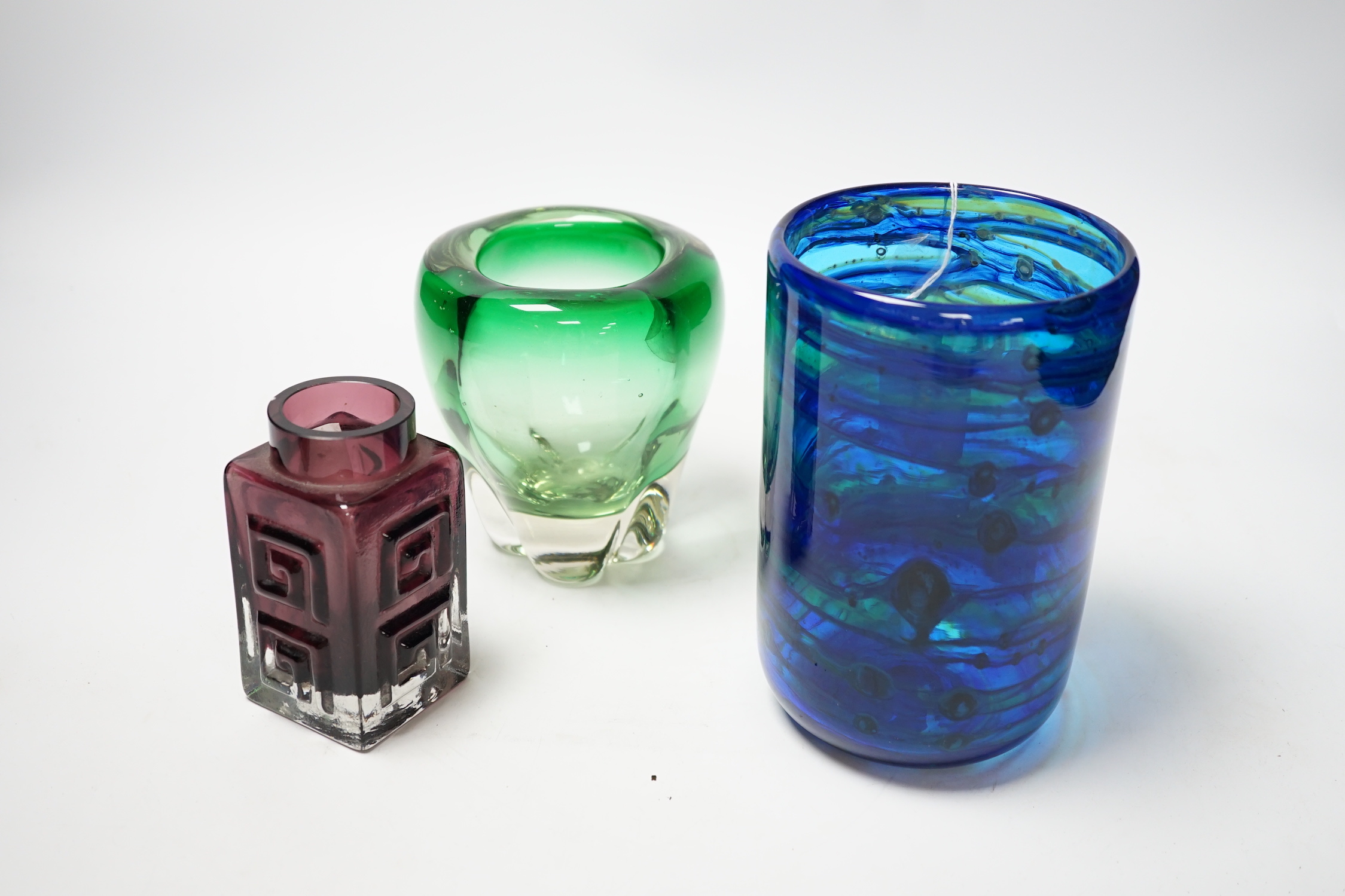 Whitefriars glass - a Greek Key pattern vase, a streaky blue vase and a 'tooth' vase, tallest 17cm